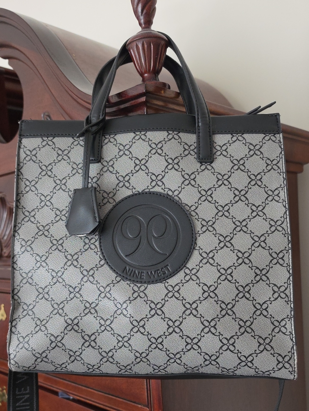 Nine West Gray Logo Print Tote with Black Trim And Shoulder/crossbodt Strap